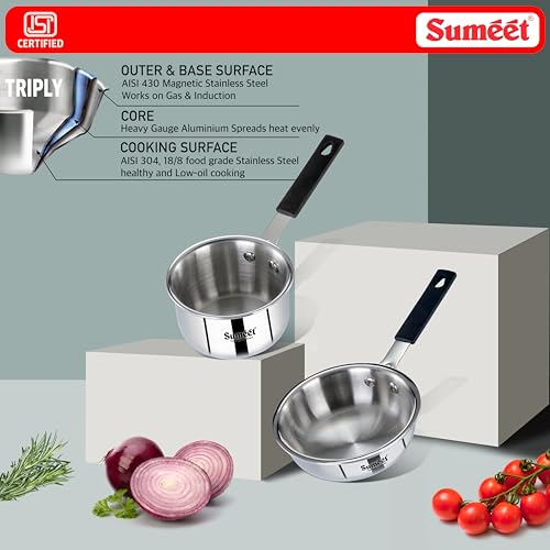 Sumeet Cook Smart ISI Certified Tri-Ply (Steel - Aluminium - Steel) Set of 3 Pcs Mini FryingTadka Pan 400ml - SauceTadka Pan 450ml with Silicon Grip | Induction & Gas Friendly | 2.5mm Thick, Silver