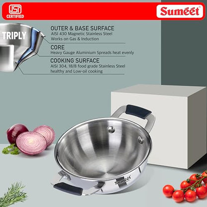 Sumeet Cook Smart ISI Certified Tri-Ply (Steel - Aluminium - Steel) Mini Kadai with Silicon Grip | Induction and Gas Friendly | 2.5mm Thick | 370ml -12Cm, Silver