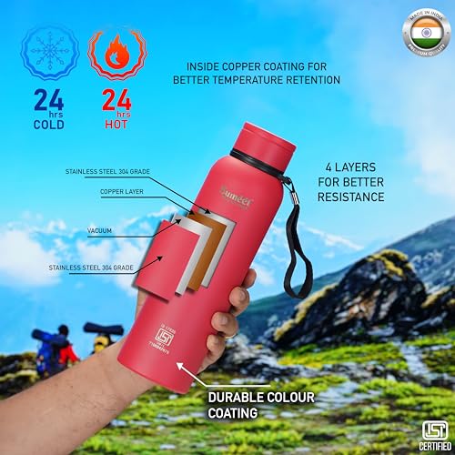 Sumeet Nero 24 Hrs Hot & Cold ISI Certified Stainless Steel Leak Proof Water Bottle for Office/School/College/Gym/Picnic/Home/Trekking -900ml, Pack of 1, Pink