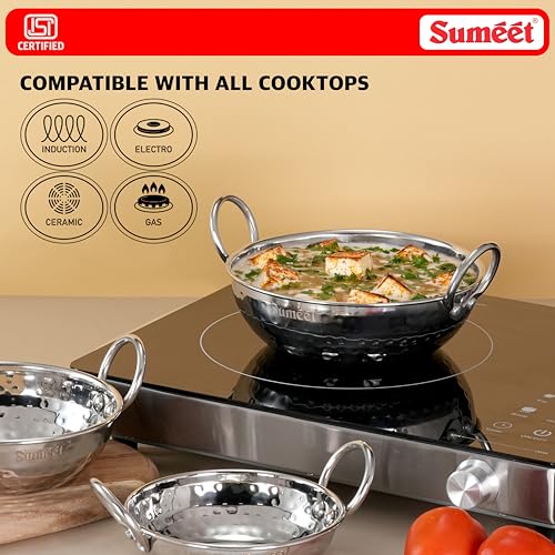 Sumeet ISI Certified Stainless Steel Induction and Gas Stove Friendly, Small Size, Hammered Design Kadai Set of 3Pc, 350ml, 550ml, 750ml, Silver