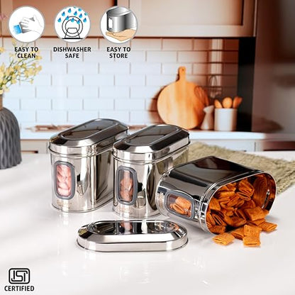 Sumeet ISI Certified Stainless Steel Capsul Canister/Container for Kitchen Storage with See Through Window - Set of 3 Pcs - 1400ml, Silver
