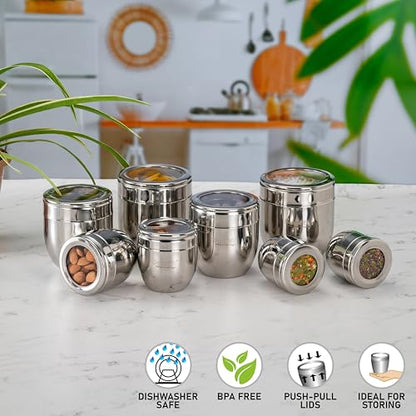 Sumeet Stainless Steel Conical Shape Canisters/Dabba/Storage Containers for Kitchen with See Through Lid, Set of 8 Pcs, (150ml-6cm Dia-2Pc, 250ml-7cm Dia-2Pc, 400ml-8.5cm 2Pc, 500ml-9cm 2Pc)- Silver