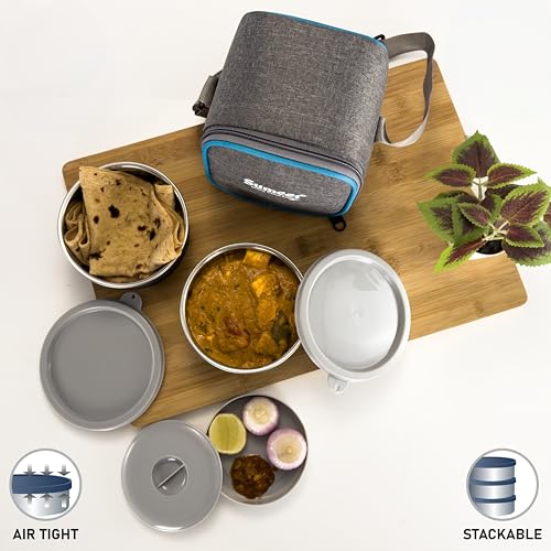 Sumeet EPULO Lunch Box Tiffin with Microwave Safe and Leak Proof 2 Inner Steel Containers + 1 Plastic Chutney/Pickel Container with BPA Free Air Tight Lids - 420ml & Insulated Fabric Bag, Grey