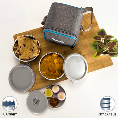 Sumeet EPULO Lunch Box Tiffin with Microwave Safe and Leak Proof 2 Inner Steel Containers + 1 Plastic Chutney/Pickel Container with BPA Free Air Tight Lids - 420ml & Insulated Fabric Bag, Grey