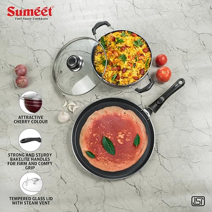 Sumeet Elegantia Induction Base Non Stick Aluminium Cookware Set of 3Pcs - Dosa Tawa 28cm / Deep Kadai with Glass Lid 21.5cm / 1800ml Capacity | Gas and Induction Friendly | Cherry