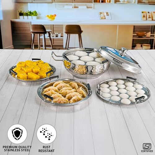 Sumeet ISI Certified Stainless Steel Induction Bottom Heavy Multi Kadai with 6 Plates - 2 Idli, 2 Dhokla/Patra, 1 Momo/Modak/Steamer, 1 Mini Idli Plate - 28cm, 4.7Ltr, Silver