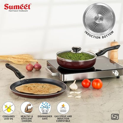 Sumeet Elegantia Induction Base Non Stick Aluminium Cookware Set of 3Pcs - Dosa Tawa 28cm / Fry Pan with Glass Lid 21.5cm / 1550ml Capacity | Gas and Induction Friendly | Cherry