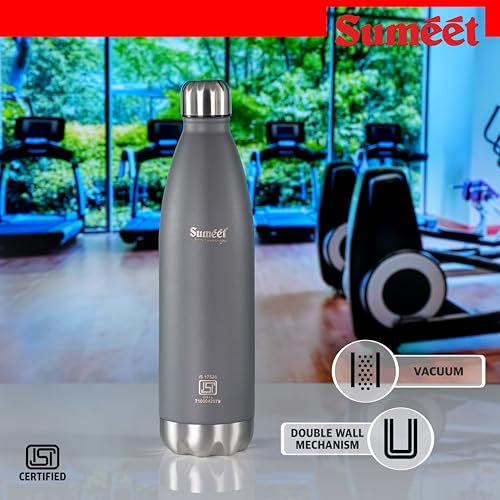Sumeet Thermo1000 ISI Certified Stainless Steel Hot & Cold Double Walled Leak Proof Vacuum Flask/Water Bottle for Office/School/College/Gym/Picnic/Home/Trekking- 1000ml, Grey