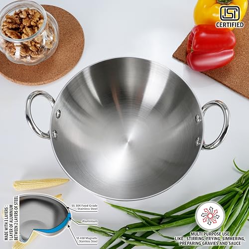 Sumeet ISI Certified Cook Smart TriPly Steel-Aluminium-Steel 3 Layer Round Bottom Kadai - 22cm, 2.350Ltr, Silver