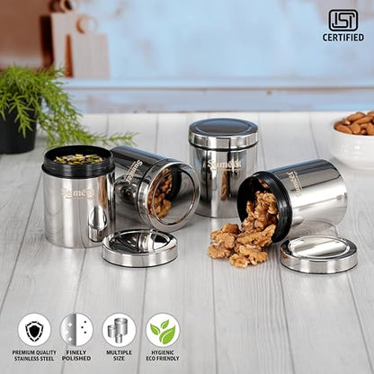 Sumeet ISI Certified Stainless Steel Air Tight Storage Container/Jar/Canister/Dabba with Threading Screw Cap for Kitchen - Pack of 4Pc, 8.3cm, 450ml, Silver