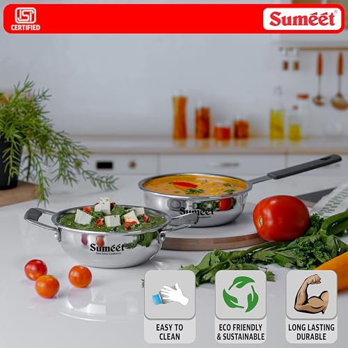 Sumeet Cook Smart ISI Certified Tri-Ply (Steel - Aluminium - Steel) Set of 2 Pcs Mini Kadai 370ml - FryingTadka Pan 400ml with Silicon Grip | Induction and Gas Friendly | 2.5mm Thick, Silver