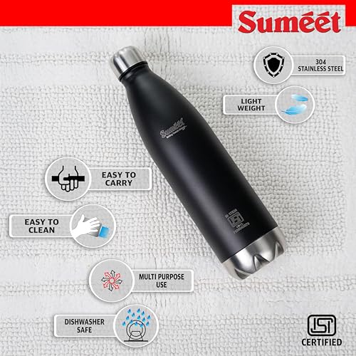 Sumeet Thermo1000 ISI Certified Stainless Steel Hot & Cold Double Walled Leak Proof Vacuum Flask/Water Bottle for Office/School/College/Gym/Picnic/Home/Trekking- 1000ml, Black