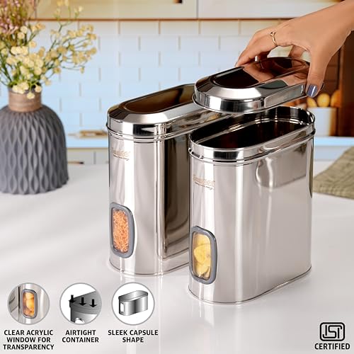 Sumeet ISI Certified Stainless Steel Capsul Canister/Container for Kitchen Storage with See Through Window - Set of 2 Pcs - 2600ml, Silver