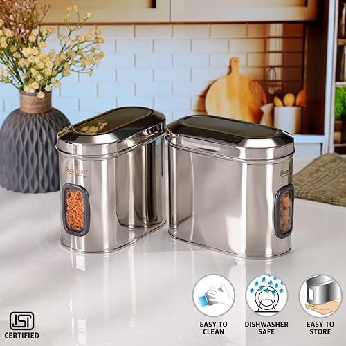 Sumeet ISI Certified Stainless Steel Capsul Canister/Container for Kitchen Storage with See Through Window - Set of 2 Pcs - 1850ml, Silver
