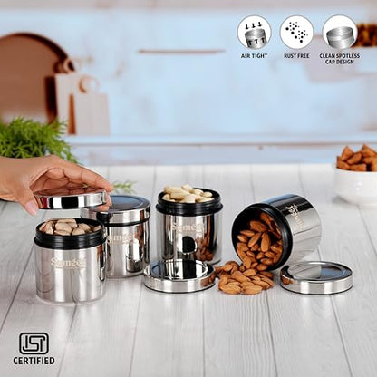 Sumeet ISI Certified Stainless Steel Air Tight Storage Container/Jar/Canister/Dabba with Threading Screw Cap for Kitchen - Pack of 4Pc, 8.3cm, 350ml, Silver