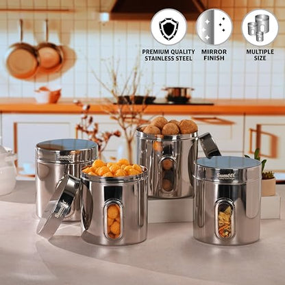 Sumeet Stainless Steel Small Containers/Jars/Dabba for Kitchen Storage with See Through Window - set of 4Pcs, 1820ml capacity each, 13.3cm Dia, Silver