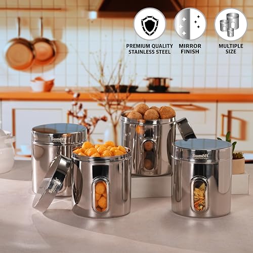 Sumeet Stainless Steel Small Containers/Jars/Dabba for Kitchen Storage with See Through Window - set of 4Pcs, 1100ml capacity each, 11.5cm Dia, Silver