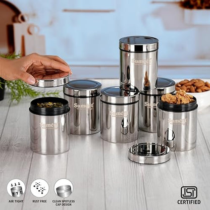 Sumeet ISI Certified Stainless Steel Air Tight Storage Container/Jar/Canister/Dabba with Threading Screw Cap for Kitchen - Pack of 6Pc, 8.3cm, 450ml, Silver