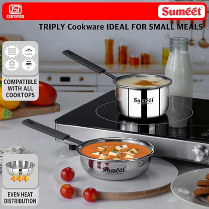 Sumeet Cook Smart ISI Certified Tri-Ply (Steel - Aluminium - Steel) Set of 3 Pcs Mini FryingTadka Pan 400ml - SauceTadka Pan 450ml with Silicon Grip | Induction & Gas Friendly | 2.5mm Thick, Silver
