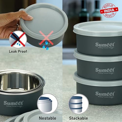 Sumeet Microwave Safe Stainless Steel Air Tight & Leak Proof Lunch Boxes/Storage Containers with Lids for Kitchen/Office/School, 240ml, 320ml, set of 2, Grey