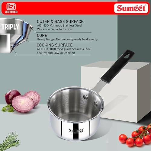 Sumeet Cook Smart ISI Certified Tri-Ply (Steel - Aluminium - Steel) Mini SauceTadka Pan with Silicon Grip | Induction and Gas Friendly | 2.5mm Thick | 450ml -10Cm, Silver