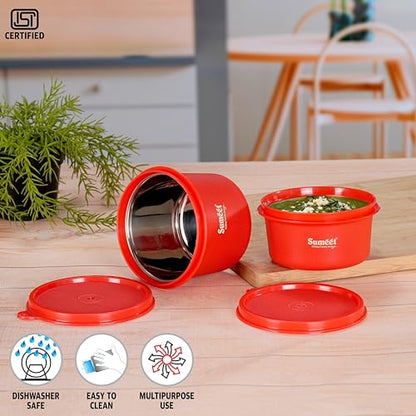 Sumeet ISI Certified Inside Steel Microwave Safe BPA Free Lunch Boxes/Storage Containers with Air Tight & Leak Proof Lid for Home/Office/School, 350ml & 500ml Set of 2, Red