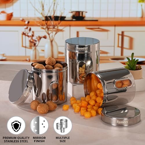 Sumeet Stainless Steel Small Containers/Jars/Dabba for Kitchen Storage with See Through Window - set of 3Pcs, 1100ml capacity each, 11.5cm Dia, Silver