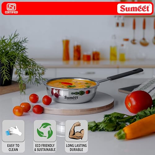 Sumeet Cook Smart ISI Certified Tri-Ply (Steel - Aluminium - Steel) Mini FryingTadka Pan with Silicon Grip | Induction and Gas Friendly | 2.5mm Thick | 400ml -12Cm, Silver