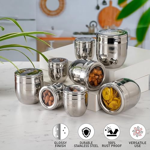 Sumeet Stainless Steel Conical Shape Canisters/Dabba/Storage Containers for Kitchen with See Through Lid, Set of 8 Pcs, (150ml-6cm Dia-2Pc, 250ml-7cm Dia-2Pc, 400ml-8.5cm 2Pc, 500ml-9cm 2Pc)- Silver