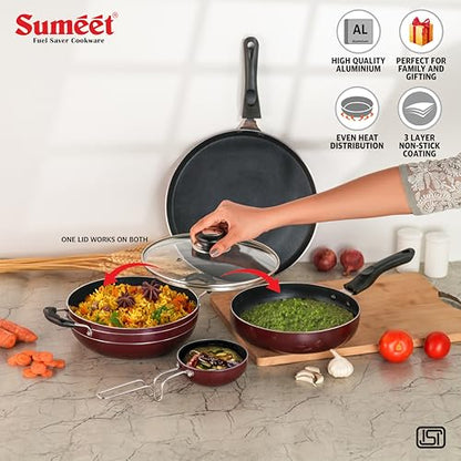 Sumeet Elegantia Induction Base Non Stick Aluminium Cookware Set of 5Pcs - Dosa Tawa 28cm / Deep Kadai with Glass Lid/Fry Pan 21.5cm / 1550ml Capacity/Tadkapan | Gas and Induction Friendly | Cherry