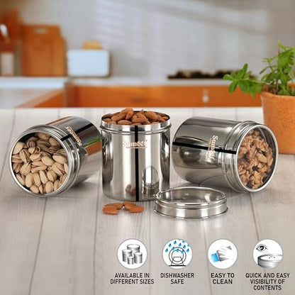 Sumeet Stainless Steel Small Containers/Jars/Dabba for Kitchen Storage with See Through Lids - set of 3Pcs, 400ml capacity each, 7.3cm Dia, Silver