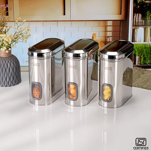 Sumeet ISI Certified Stainless Steel Capsul Canister/Container for Kitchen Storage with See Through Window - Set of 3 Pcs - 2600ml, Silver
