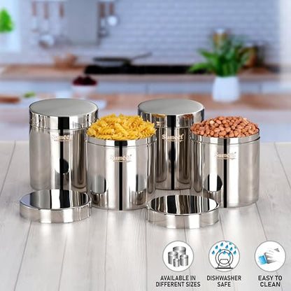 Sumeet Stainless Steel Containers/Jars/Dabba for Kitchen Storage with Lids - set of 4Pcs, 1250ml capacity, 11.5cm Dia, Silver