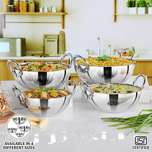 Sumeet ISI Certified Cook Smart TriPly Steel-Aluminium-Steel 3 Layer Round Bottom Kadai - 20cm, 1.7Ltr, Silver