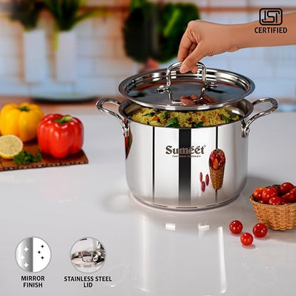 Sumeet ISI Certified Stainless Steel Casserole Handi/Stock Pot/Biryani Pot/Dutch Oven with Steel Lid - Even Heat, Cook-N-Serve, Gas and Induction Friendly, 20Cm, 4.2Ltr, Silver