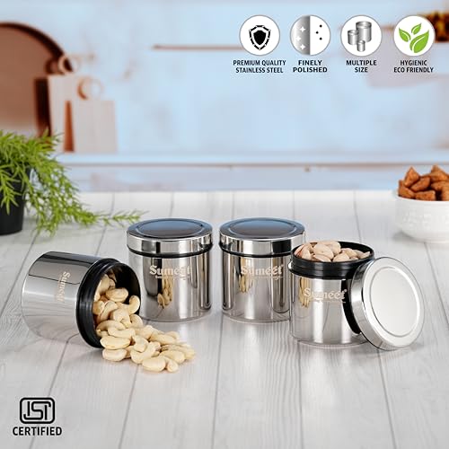 Sumeet ISI Certified Stainless Steel Air Tight Storage Container/Jar/Canister/Dabba with Threading Screw Cap for Kitchen - Pack of 4Pc, 8.3cm, 350ml, Silver
