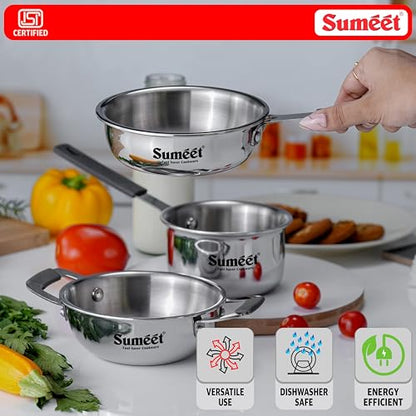 Sumeet Cook Smart ISI Certified Tri-Ply (Steel - Aluminium - Steel) Set of 3 Pcs Mini Kadhai - FryingTadka Pan- SauceTadka Pan 450ml with Silicon Grip | Induction & Gas Friendly | 2.5mm Thick, Silver