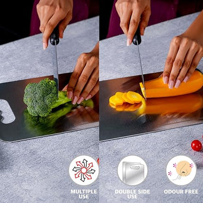 Sumeet Stainless Steel Medium Chopping Board| Rust-Proof, Dishwasher Safe |Heavy Duty and Durable for Vegetables, Fruits, kneading in Kitchen - 32.5cm x 22.5 cm, 1.5mm Thick, Silver
