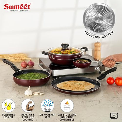 Sumeet Elegantia Induction Base Non Stick Aluminium Cookware Set of 5Pcs - Dosa Tawa 28cm / Deep Kadai with Glass Lid/Fry Pan 21.5cm / 1550ml Capacity/Tadkapan | Gas and Induction Friendly | Cherry