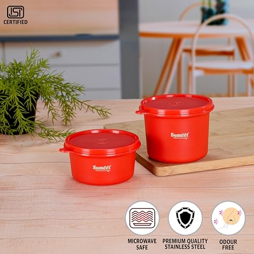 Sumeet ISI Certified Inside Steel Microwave Safe BPA Free Lunch Boxes/Storage Containers with Air Tight & Leak Proof Lid for Home/Office/School, 350ml & 500ml Set of 2, Red