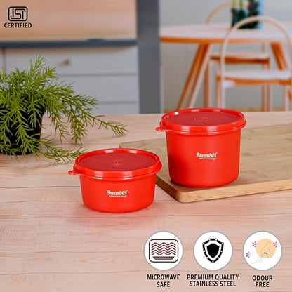 Sumeet ISI Certified Inside Steel Microwave Safe BPA Free Lunch Boxes/Storage Containers with Air Tight & Leak Proof Lid for Home/Office/School, 350ml & 500ml Set of 2, Red