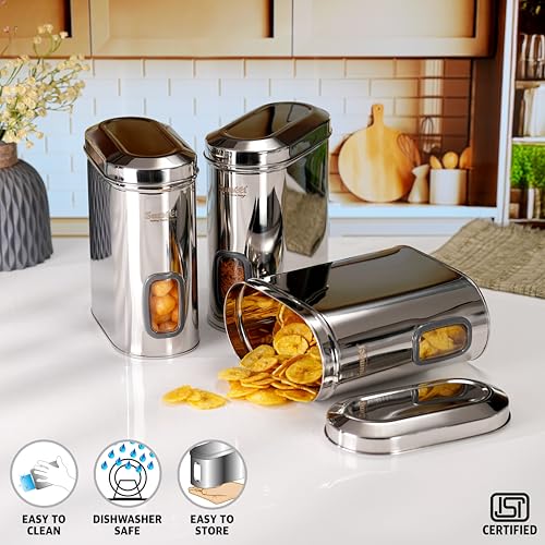 Sumeet ISI Certified Stainless Steel Capsul Canister/Container for Kitchen Storage with See Through Window - Set of 3 Pcs - 2600ml, Silver