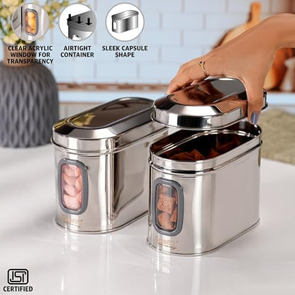 Sumeet ISI Certified Stainless Steel Capsul Canister/Container for Kitchen Storage with See Through Window - Set of 2 Pcs - 1400ml, Silver