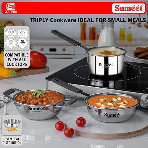Sumeet Cook Smart ISI Certified Tri-Ply (Steel - Aluminium - Steel) Set of 3 Pcs Mini Kadhai - FryingTadka Pan- SauceTadka Pan 450ml with Silicon Grip | Induction & Gas Friendly | 2.5mm Thick, Silver