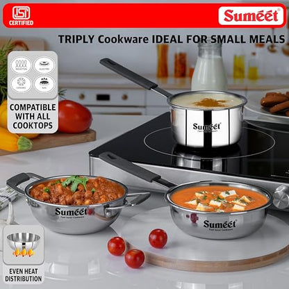 Sumeet Cook Smart ISI Certified Tri-Ply (Steel - Aluminium - Steel) Set of 3 Pcs Mini Kadhai - FryingTadka Pan- SauceTadka Pan 450ml with Silicon Grip | Induction & Gas Friendly | 2.5mm Thick, Silver