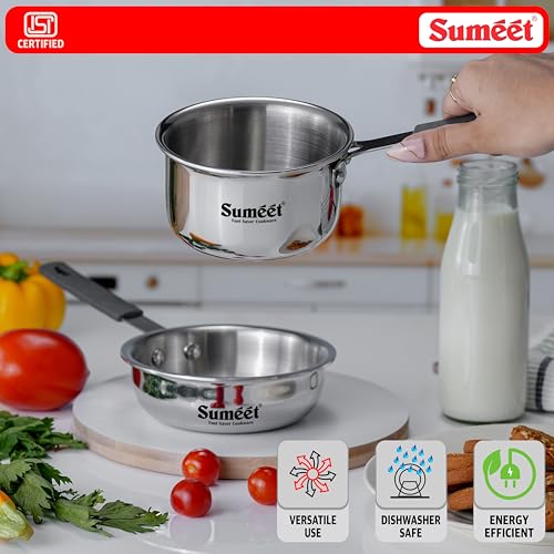 Sumeet Cook Smart ISI Certified Tri-Ply (Steel - Aluminium - Steel) Set of 3 Pcs Mini FryingTadka Pan 400ml - SauceTadka Pan 450ml with Silicon Grip | Induction & Gas Friendly | 2.5mm Thick, Silver