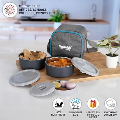 Sumeet EPULO Lunch Box Tiffin with Microwave Safe and Leak Proof 2 Inner Steel Containers + 1 Plastic Chutney/Pickel Container with BPA Free Air Tight Lids - 420ml & Insulated Fabric Bag, Grey