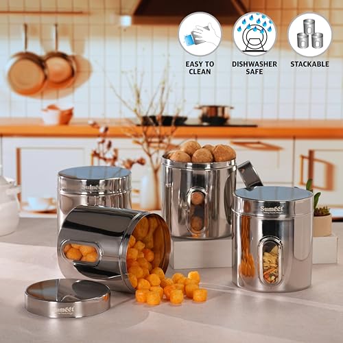 Sumeet Stainless Steel Small Containers/Jars/Dabba for Kitchen Storage with See Through Window - set of 4Pcs, 1100ml capacity each, 11.5cm Dia, Silver