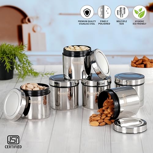 Sumeet ISI Certified Stainless Steel Air Tight Storage Container/Jar/Canister/Dabba with Threading Screw Cap for Kitchen - Pack of 6Pc, 8.3cm, 350ml, Silver