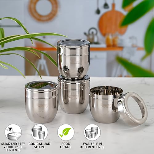 Sumeet Stainless Steel Conical Shape Canisters/Dabba/Storage Containers for Kitchen with See Through Lid, Set of 4 Pcs, 400ml Each, 8.5cm Dia, Silver